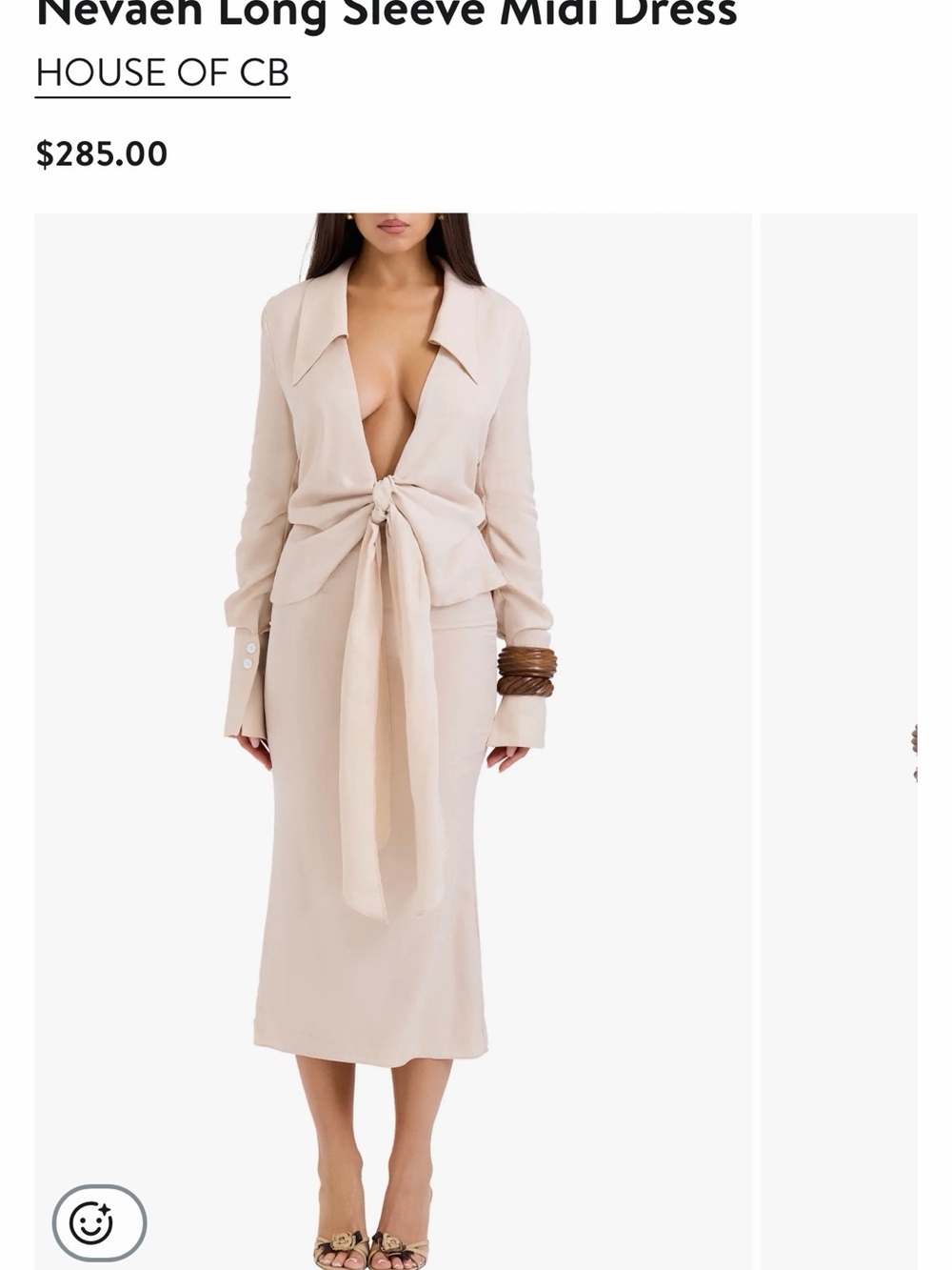 House of CB Tie-Front Long Sleeve Midi Dress in Nude Blush